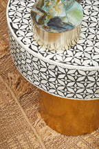 Black Wood Round Side Table with White Bone Inlay Floral Design and Gold Metal Base | Fusion