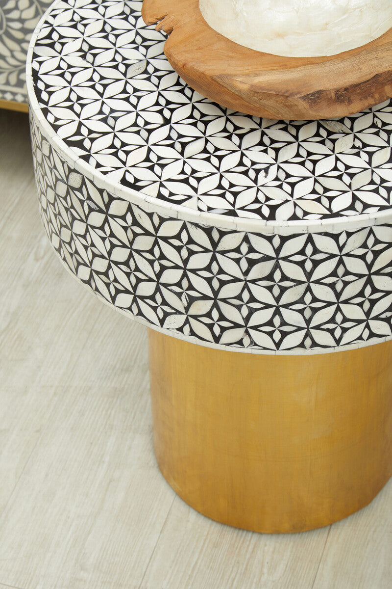 Black Wood Round Side Table with White Bone Inlay Floral Design and Gold Metal Base | Fusion