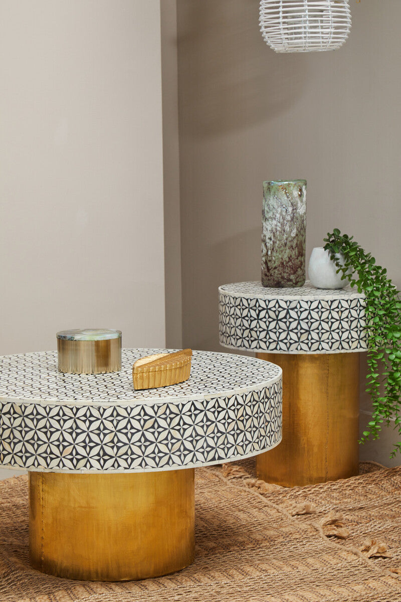 Black Wood Round Side Table with White Bone Inlay Floral Design and Gold Metal Base | Fusion