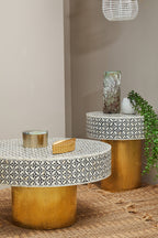 Black Wood Round Side Table with White Bone Inlay Floral Design and Gold Metal Base | Fusion
