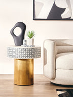 Black Wood Round Side Table with White Bone Inlay Floral Design and Gold Metal Base | Fusion