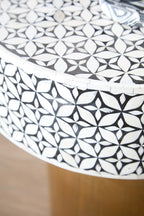 Black Wood Round Side Table with White Bone Inlay Floral Design and Gold Metal Base | Fusion