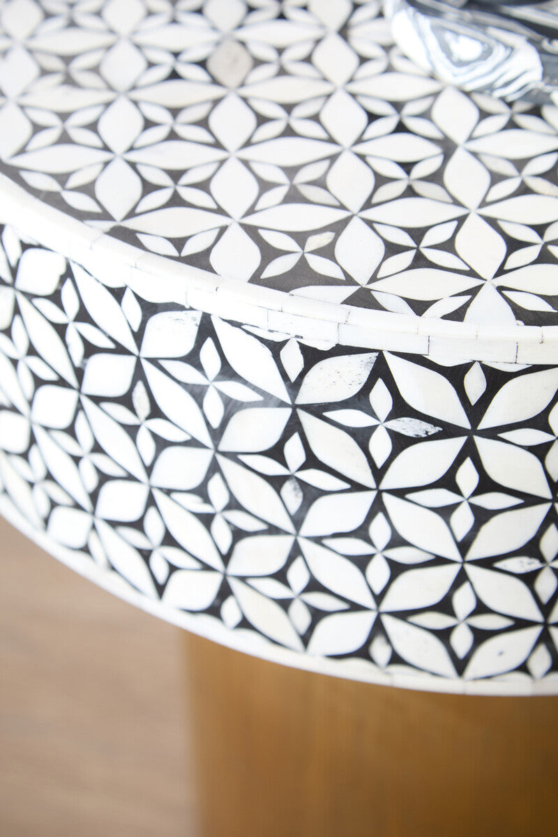 Black Wood Round Side Table with White Bone Inlay Floral Design and Gold Metal Base | Fusion