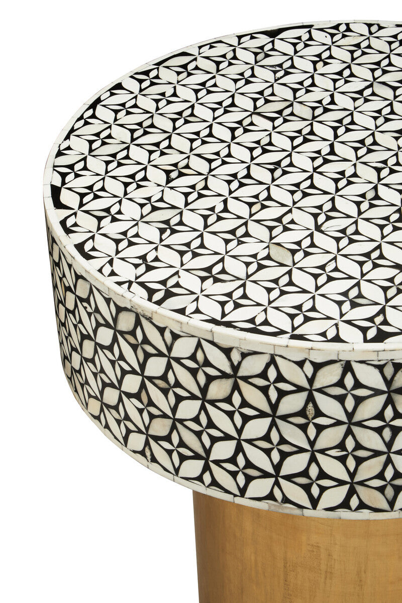 Black Wood Round Side Table with White Bone Inlay Floral Design and Gold Metal Base | Fusion