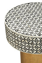 Black Wood Round Side Table with White Bone Inlay Floral Design and Gold Metal Base | Fusion