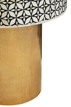 Black Wood Round Side Table with White Bone Inlay Floral Design and Gold Metal Base | Fusion