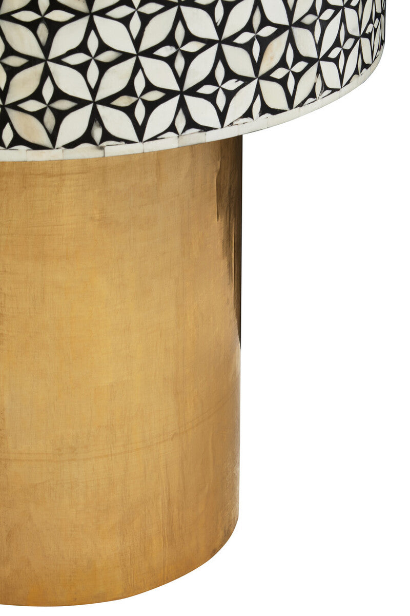 Black Wood Round Side Table with White Bone Inlay Floral Design and Gold Metal Base | Fusion