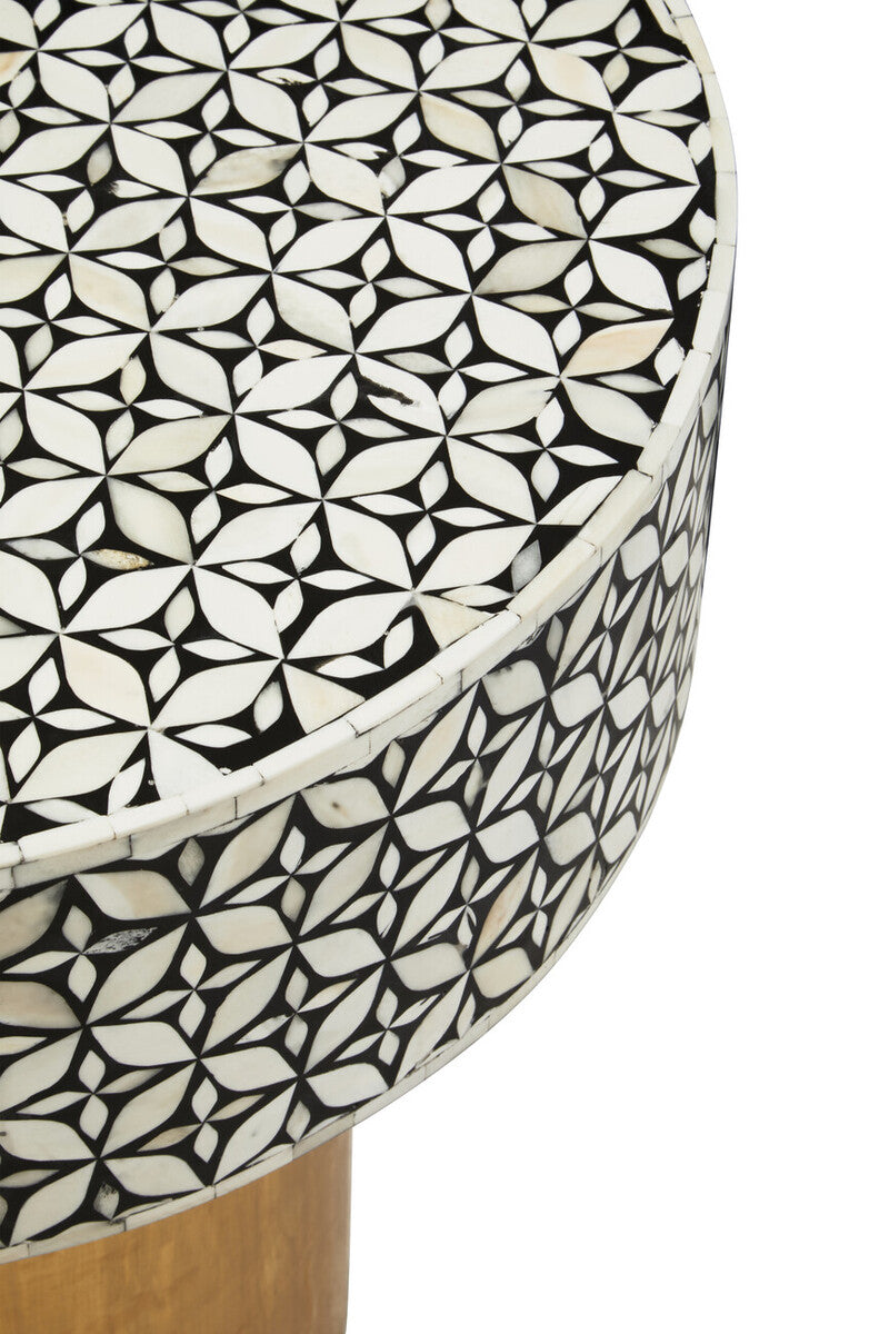 Black Wood Round Side Table with White Bone Inlay Floral Design and Gold Metal Base | Fusion