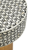 Black Wood Round Side Table with White Bone Inlay Floral Design and Gold Metal Base | Fusion