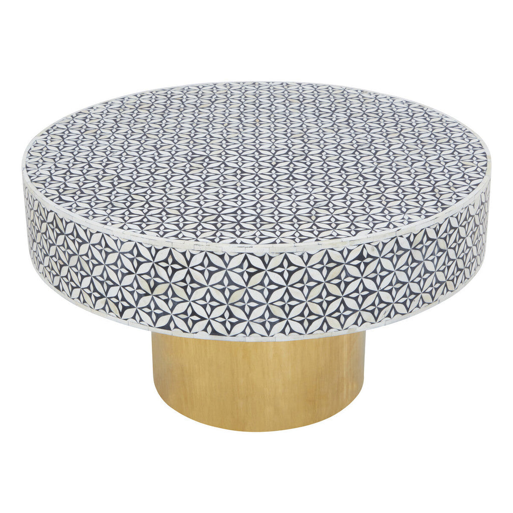 Black and White Round Geometric Bone Inlay Coffee Table with Gold Finish Base | Fusion