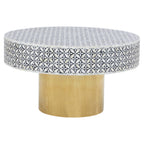Black and White Round Geometric Bone Inlay Coffee Table with Gold Finish Base | Fusion