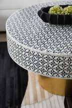 Black and White Round Geometric Bone Inlay Coffee Table with Gold Finish Base | Fusion