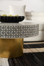 Black and White Round Geometric Bone Inlay Coffee Table with Gold Finish Base | Fusion