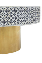 Black and White Round Geometric Bone Inlay Coffee Table with Gold Finish Base | Fusion