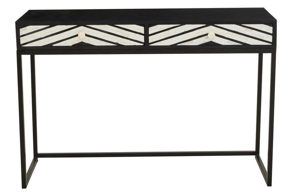 Black Wood 2-Drawer Console Table with Black and White Bone Inlay Chevron Fronts | Fusion