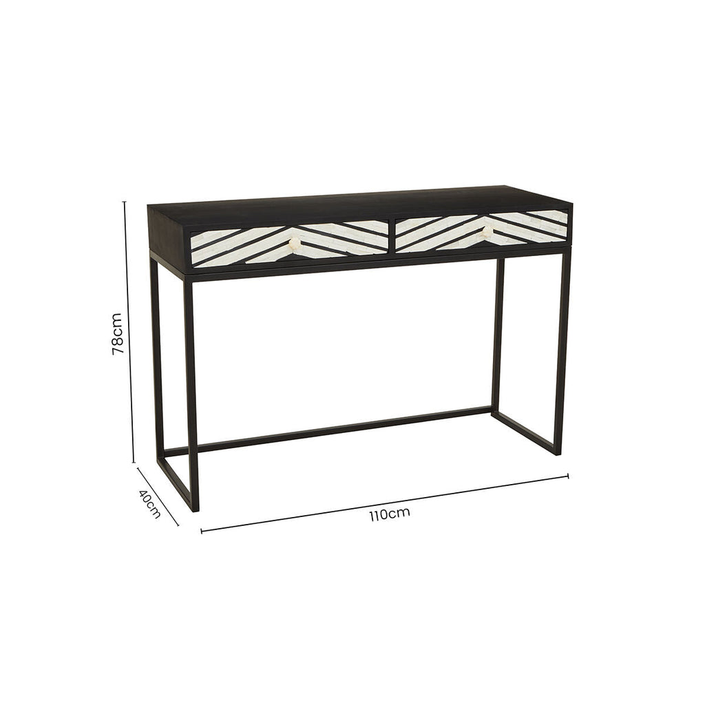 Black Wood 2-Drawer Console Table with Black and White Bone Inlay Chevron Fronts | Fusion