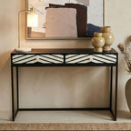 Black Wood 2-Drawer Console Table with Black and White Bone Inlay Chevron Fronts | Fusion