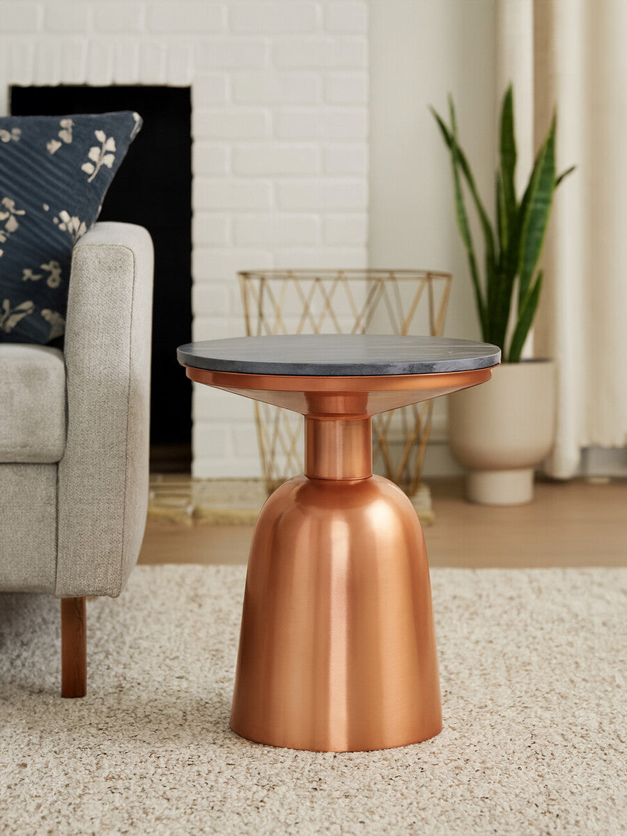 Black Marble Top Side Table with Chunky Copper Iron Base | Amira