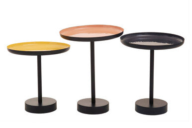 Set of 3 Gold, Pink & Black Enamel Tray Tables with Black Iron Bases, Amira