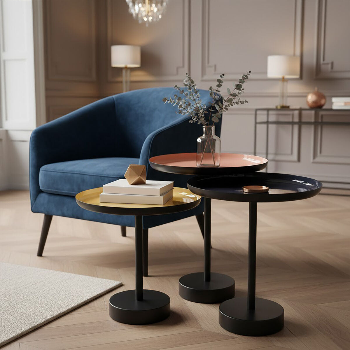 Set of 3 Gold, Pink & Black Enamel Tray Tables with Black Iron Bases, Amira