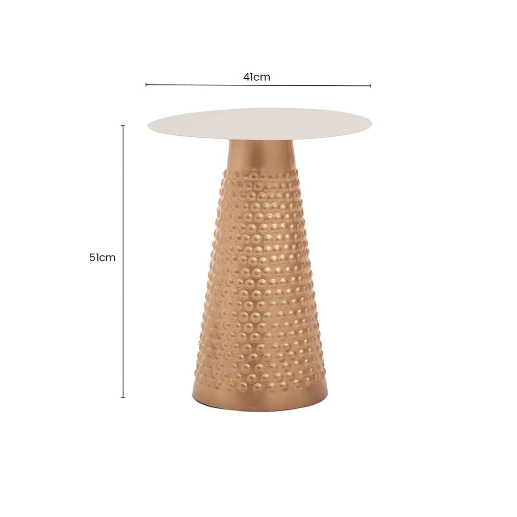 White Tabletop Side Table with Chunky Hammered Gold Base | Amira