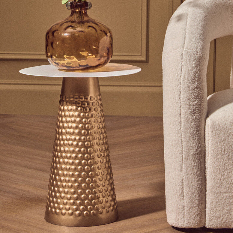 White Tabletop Side Table with Chunky Hammered Gold Base | Amira