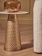 White Tabletop Side Table with Chunky Hammered Gold Base | Amira