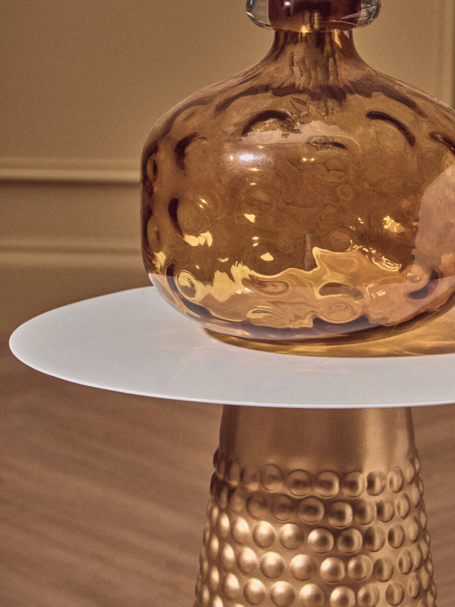 White Tabletop Side Table with Chunky Hammered Gold Base | Amira