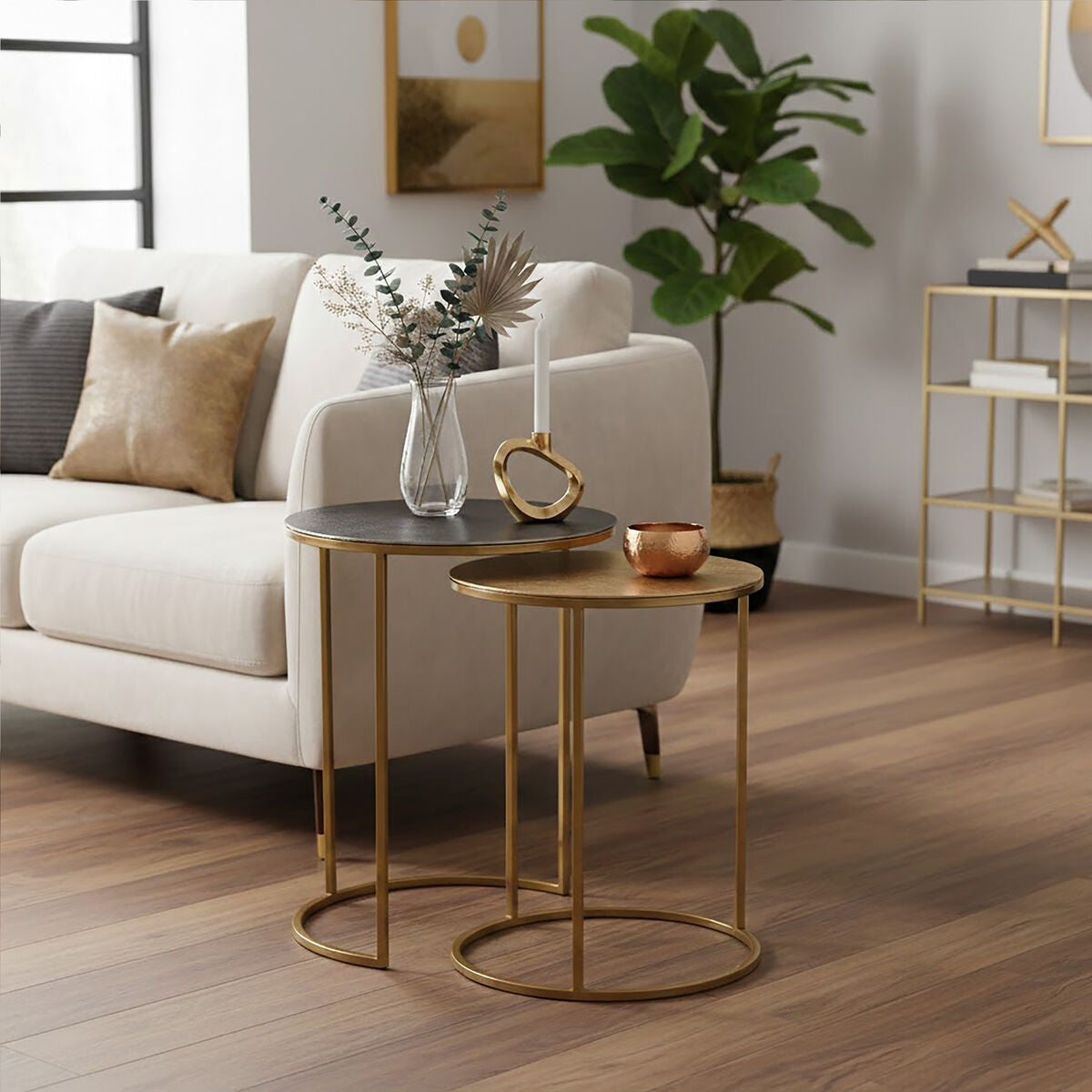 Nest of 2 Gold and Zinc Side Tables with Luxe Gold Steel Frames | Amira