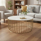 White Marble Top Coffee Table with Gold Finish Iron Cage Base | Pali