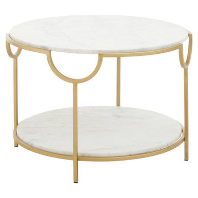 Two-Tier White Marble Top Side Table with Gold Finish Iron Frame, Pali