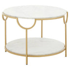 Two-Tier White Marble Top Side Table with Gold Finish Iron Frame, Pali