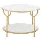 Two-Tier White Marble Top Side Table with Gold Finish Iron Frame, Pali