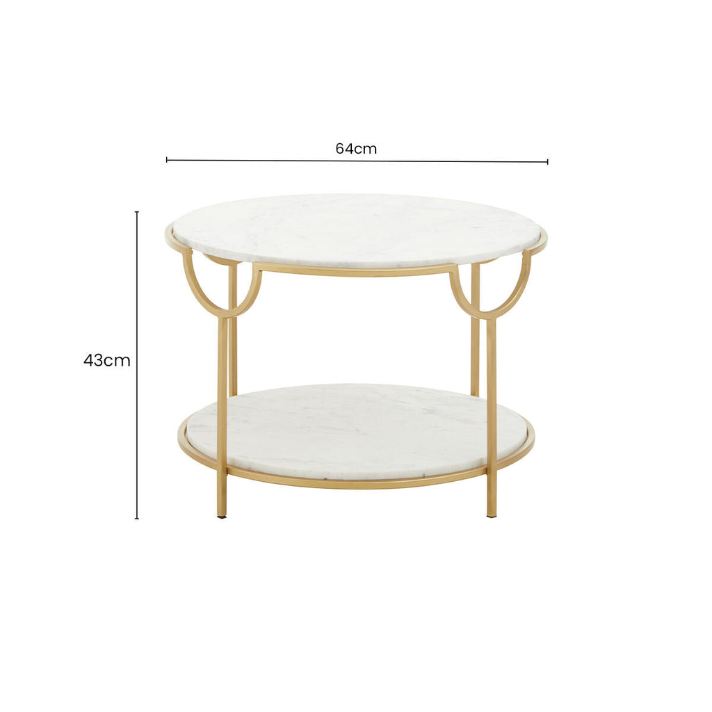 Two-Tier White Marble Top Side Table with Gold Finish Iron Frame, Pali