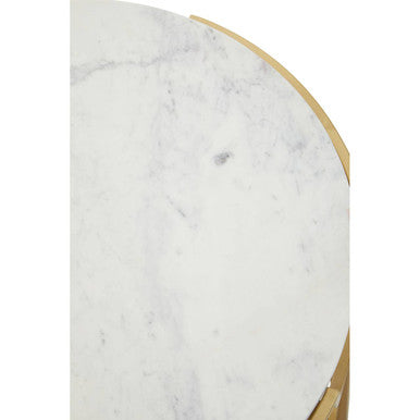 Two-Tier White Marble Top Side Table with Gold Finish Iron Frame, Pali