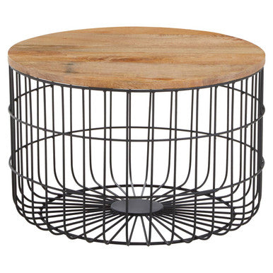 Natural Wood Top Side Table with Black Metal Cage Base | Pali