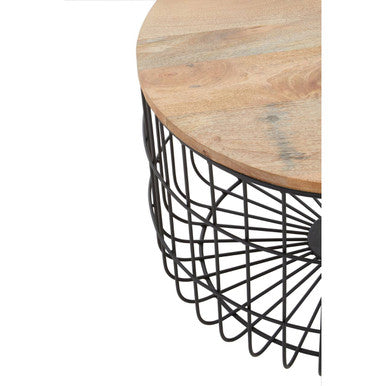 Natural Wood Top Side Table with Black Metal Cage Base | Pali