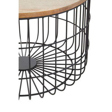 Natural Wood Top Side Table with Black Metal Cage Base | Pali