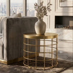 Gold Finish Iron Round Top Side Table with Caged Base | Pali