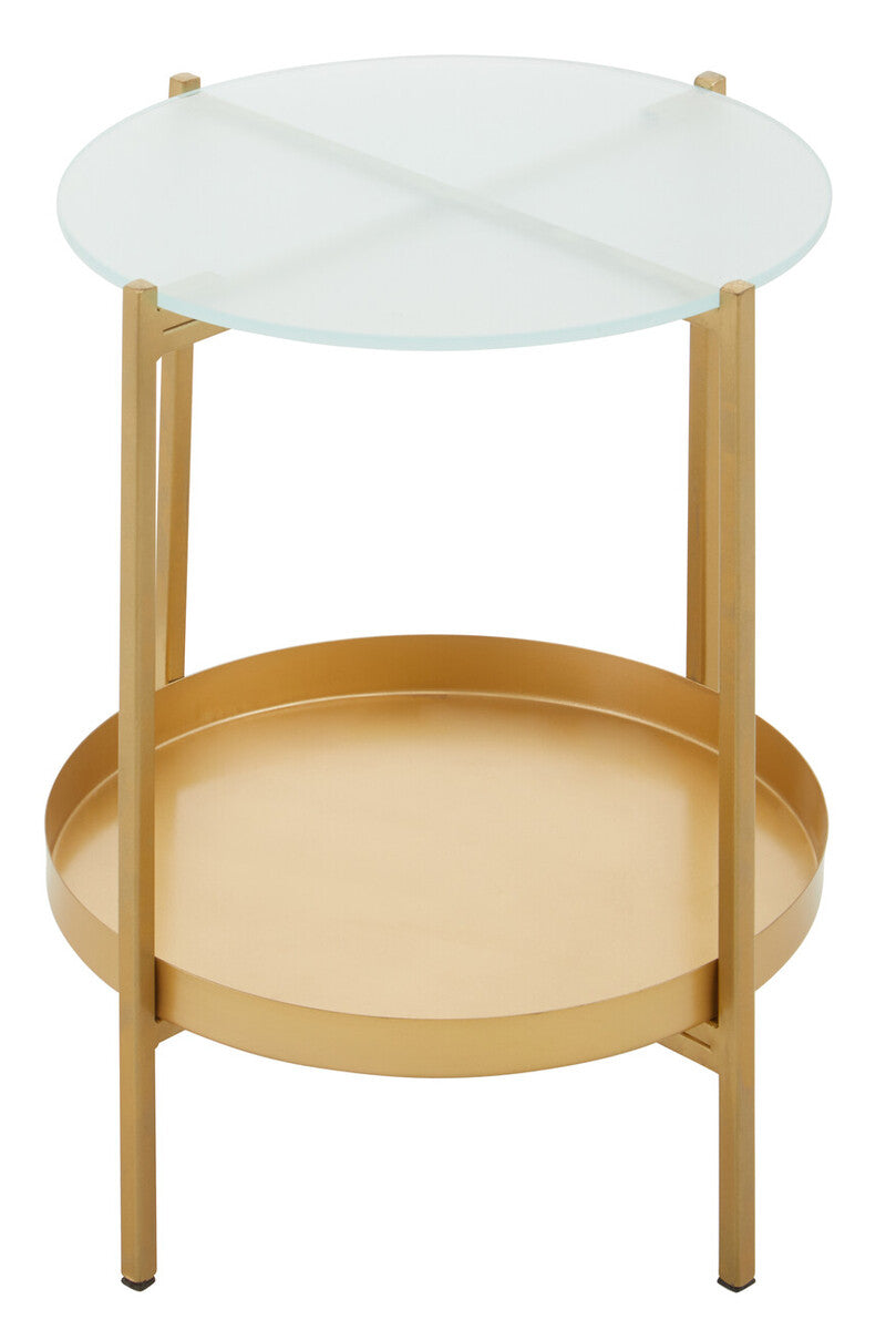 Gold Iron Two-Tier Side Table with Glass Top and Lower Shelf, Pali