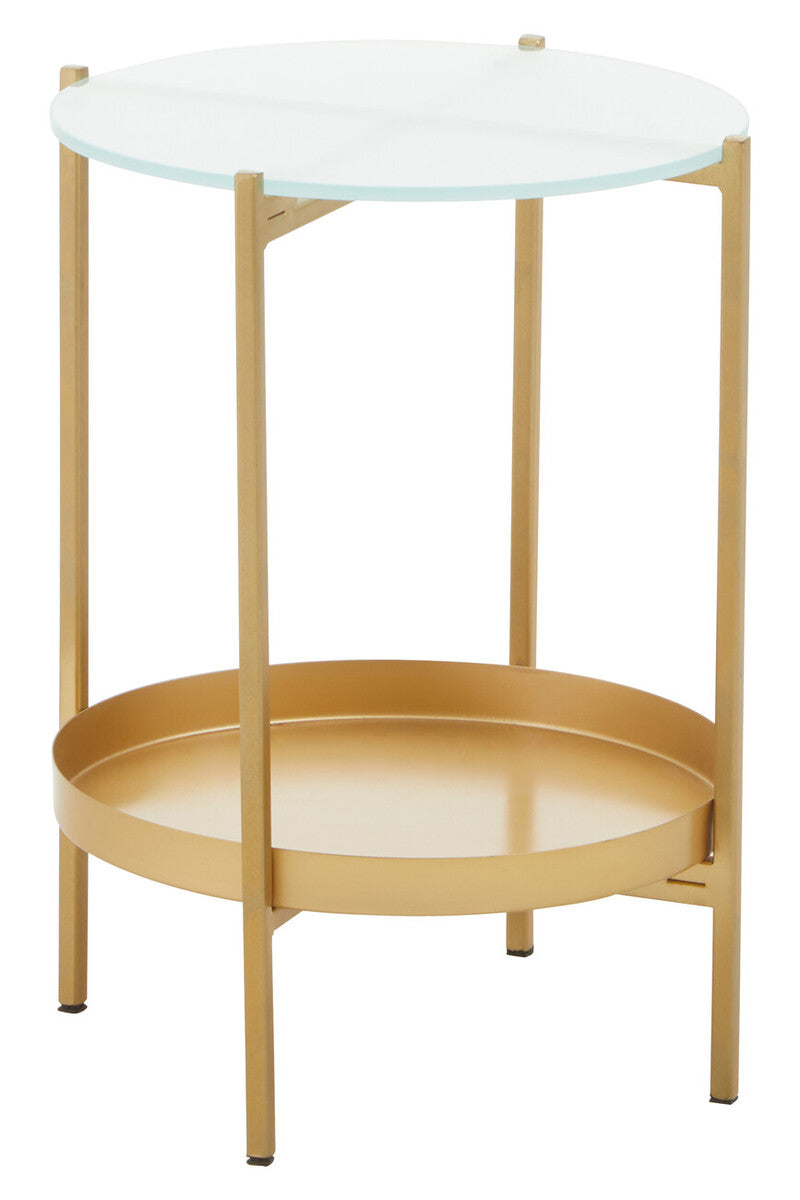 Gold Iron Two-Tier Side Table with Glass Top and Lower Shelf, Pali
