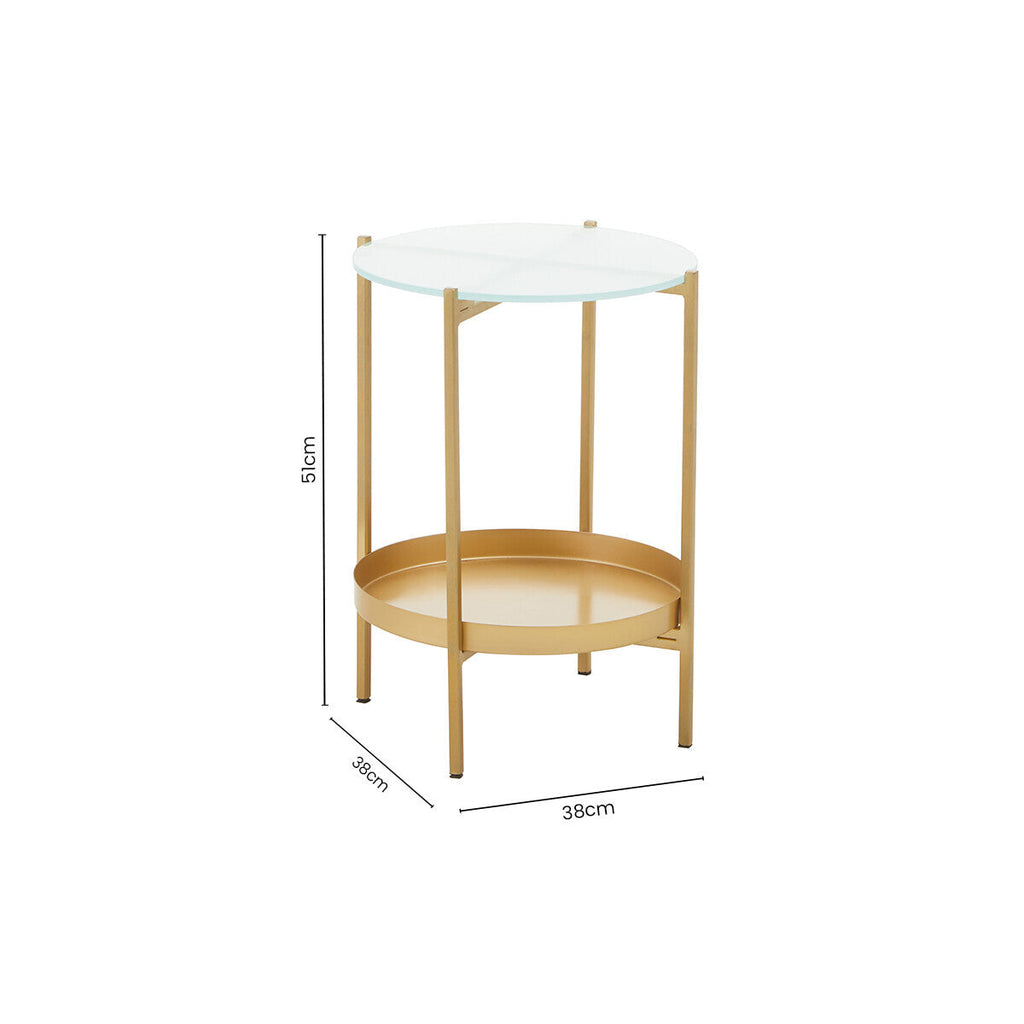 Gold Iron Two-Tier Side Table with Glass Top and Lower Shelf, Pali
