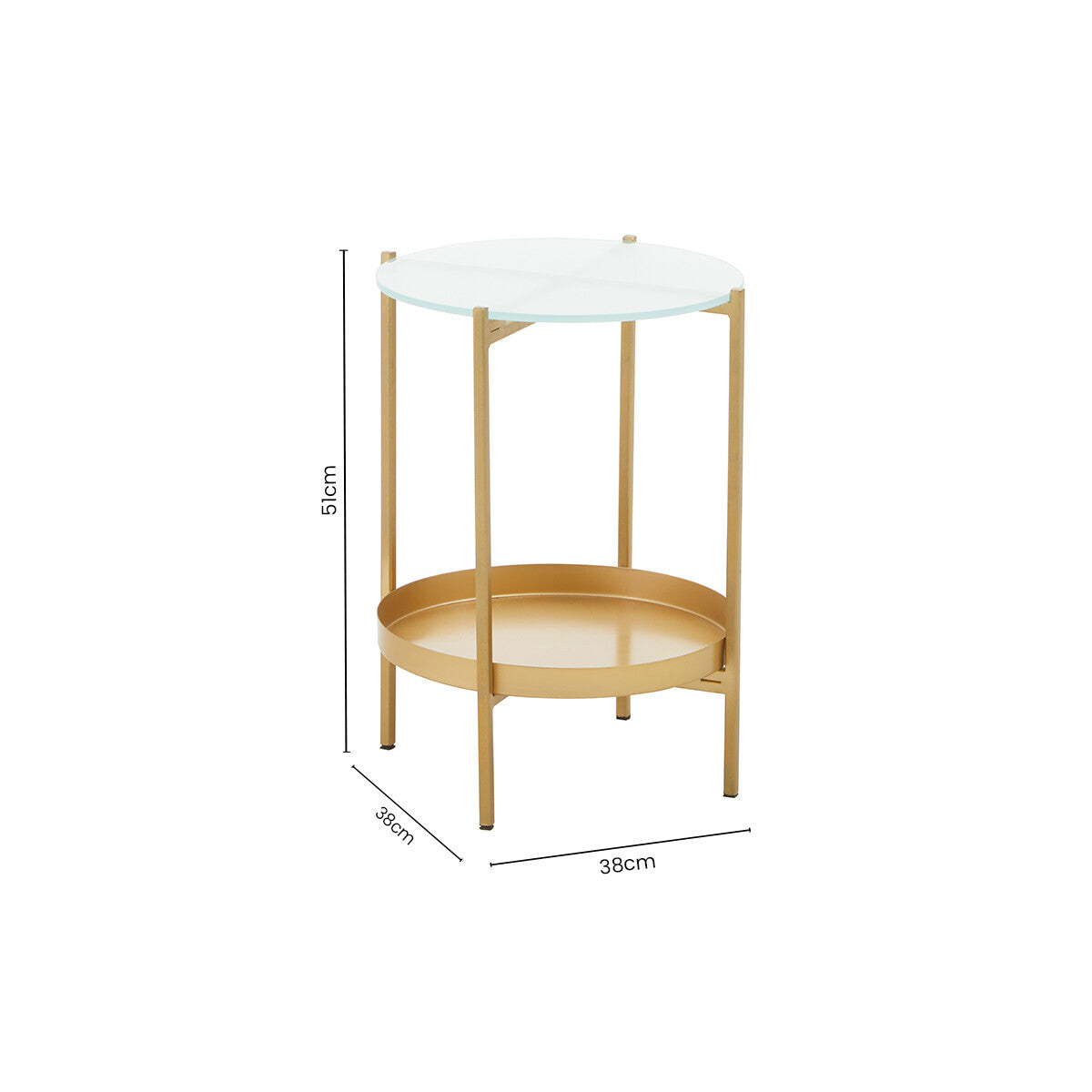 Gold Iron Two-Tier Side Table with Glass Top and Lower Shelf, Pali