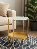 Gold Iron Two-Tier Side Table with Glass Top and Lower Shelf, Pali