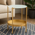 Gold Iron Two-Tier Side Table with Glass Top and Lower Shelf, Pali