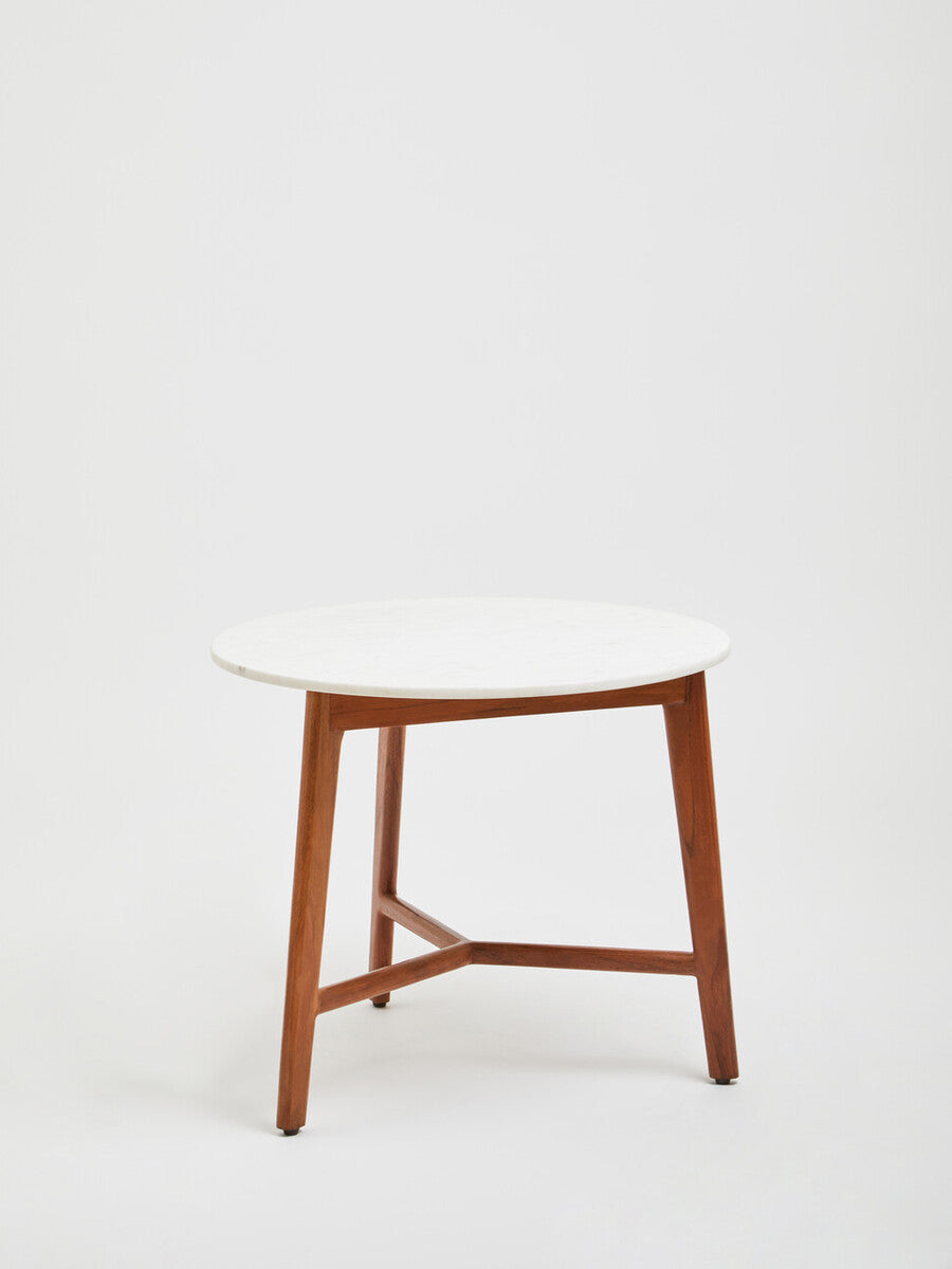 White Marble Top Round Side Table with Sustainable Acacia Wood Base | Myan