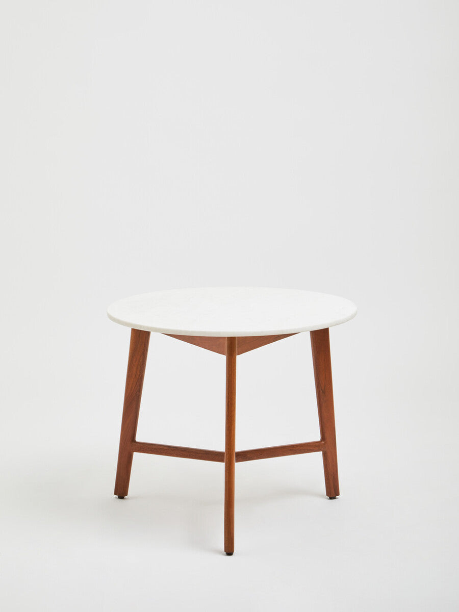 White Marble Top Round Side Table with Sustainable Acacia Wood Base | Myan