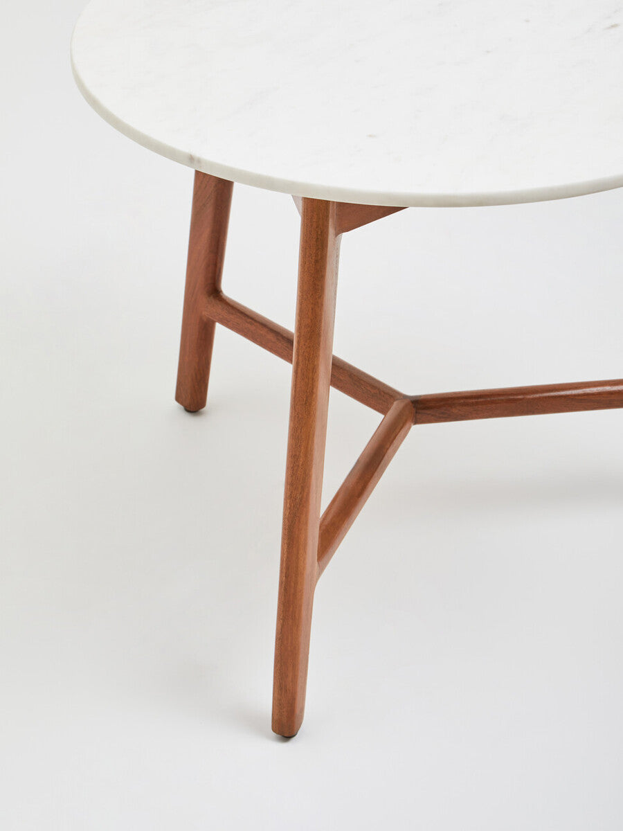 White Marble Top Round Side Table with Sustainable Acacia Wood Base | Myan
