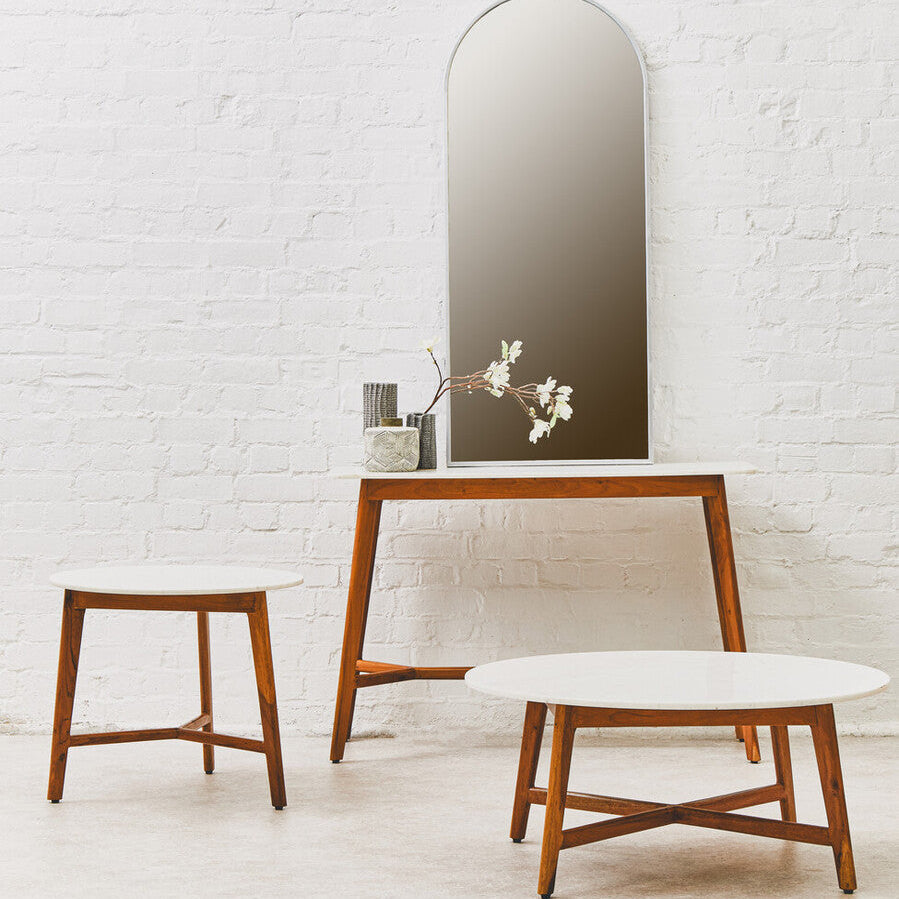 White Marble Top Round Side Table with Sustainable Acacia Wood Base | Myan