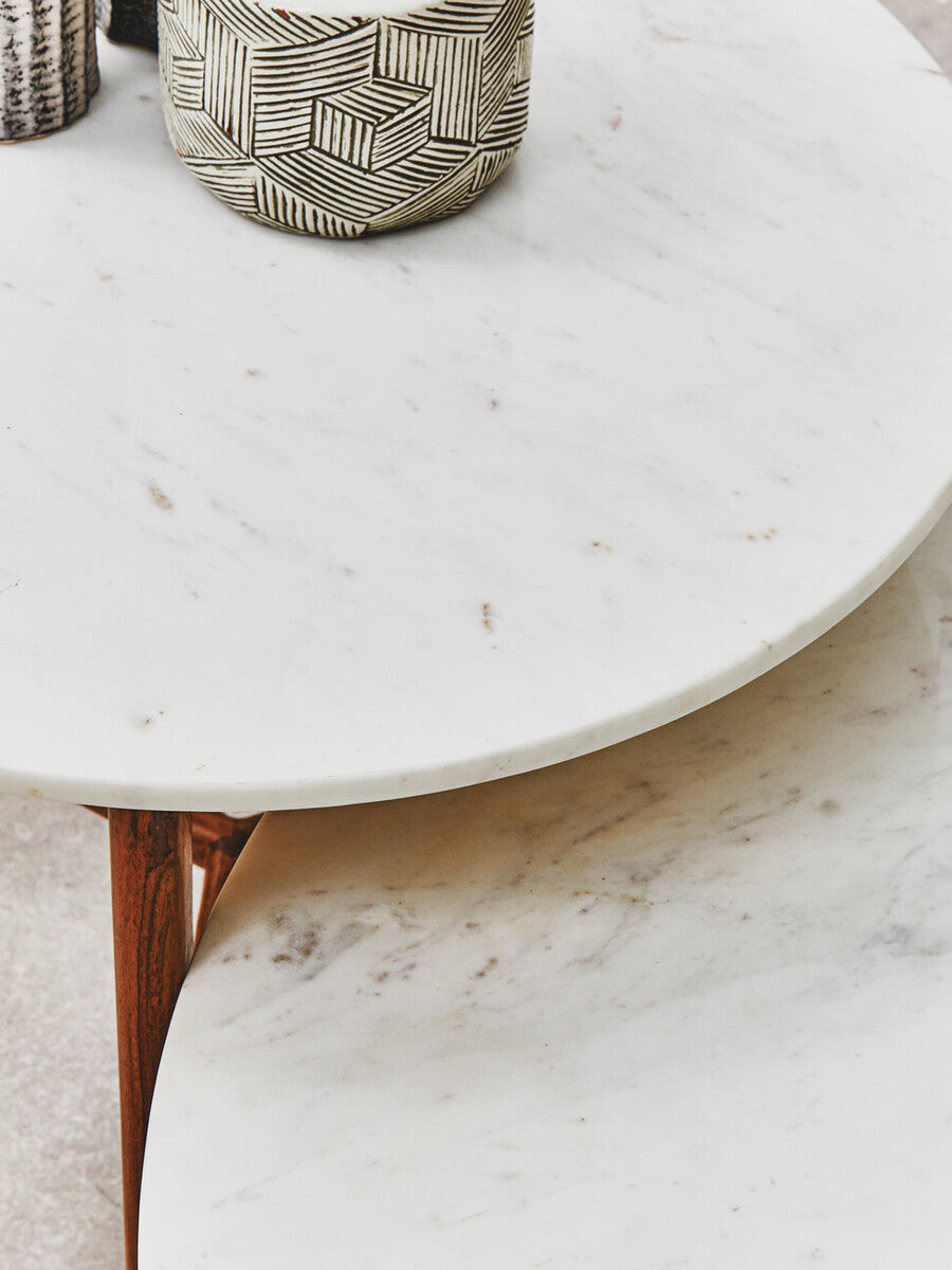 White Marble Top Round Side Table with Sustainable Acacia Wood Base | Myan